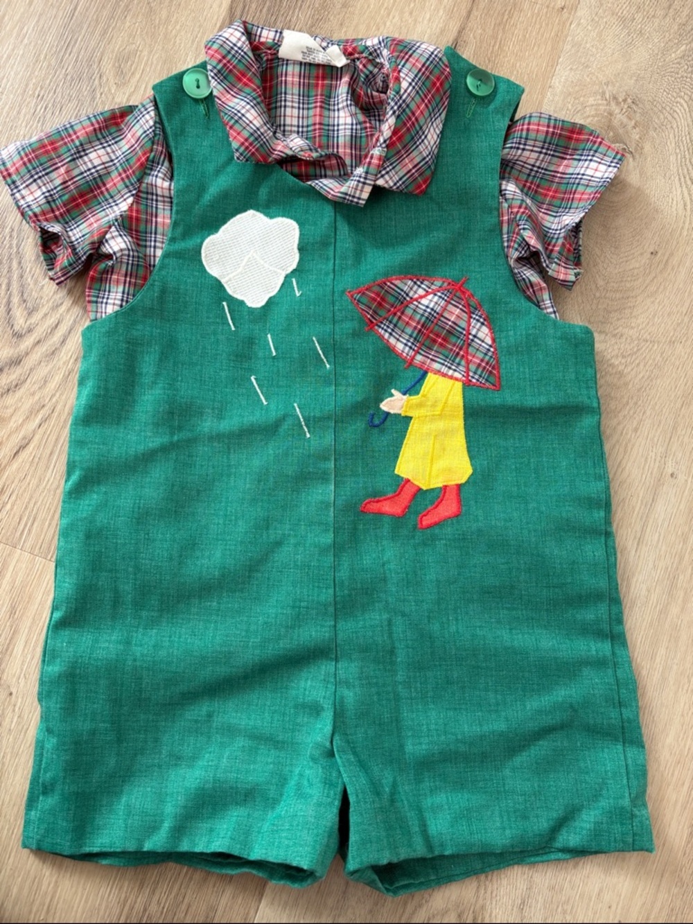 Vintage The Pond Rainy Day Appliqué John John Set - 4T 70s 80s embroidered plaid